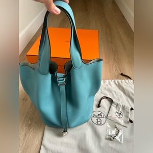 Authentic Hermes Picotin Silver Lock 26 GM Turquoise Blue